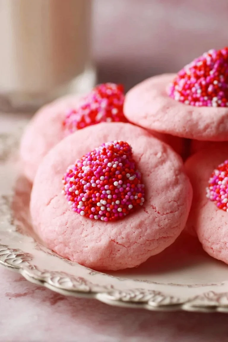 Freshly baked strawberry kiss cookies with pink frosting decoration