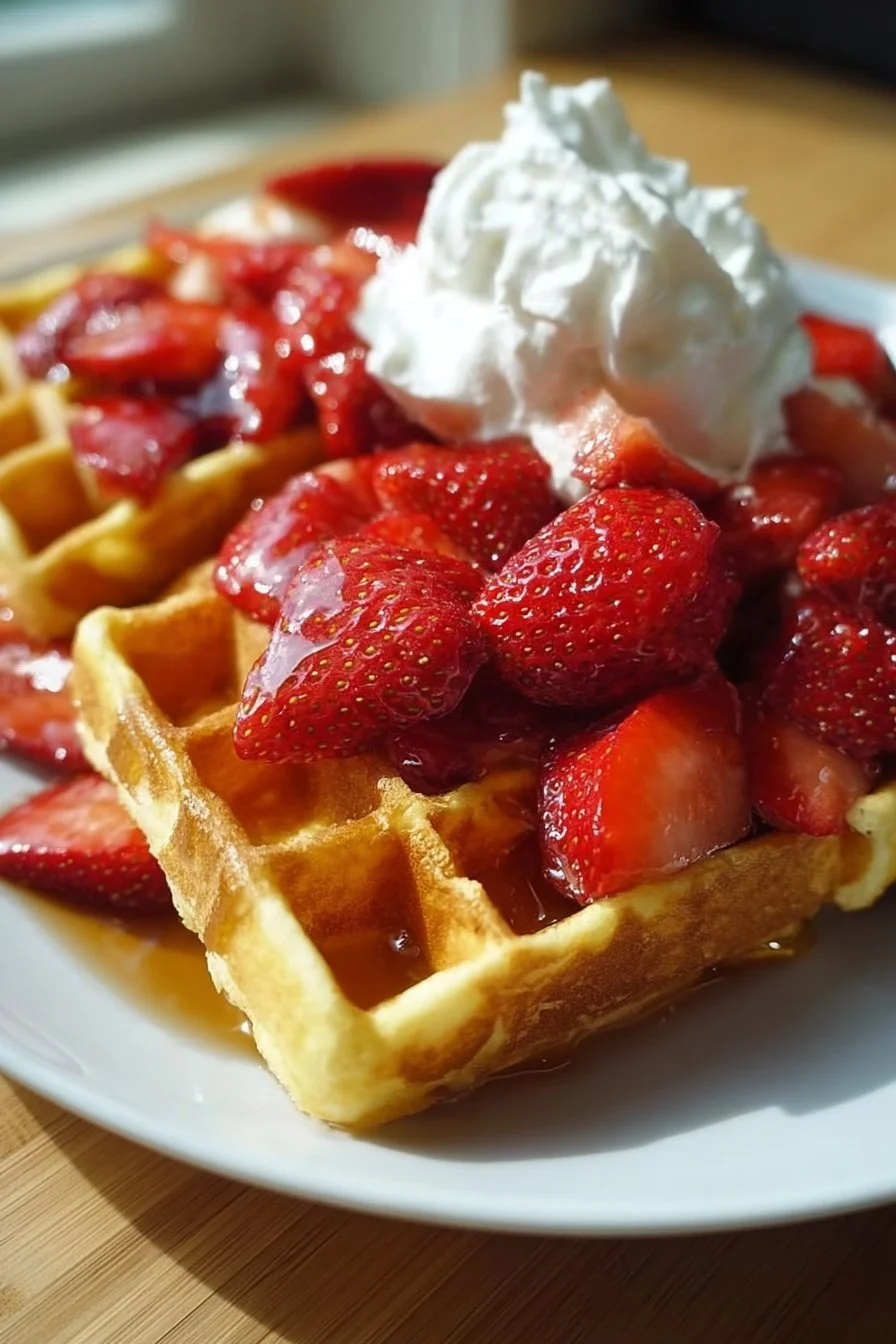 Delicious homemade strawberry waffles topped with fresh strawberries and syrup