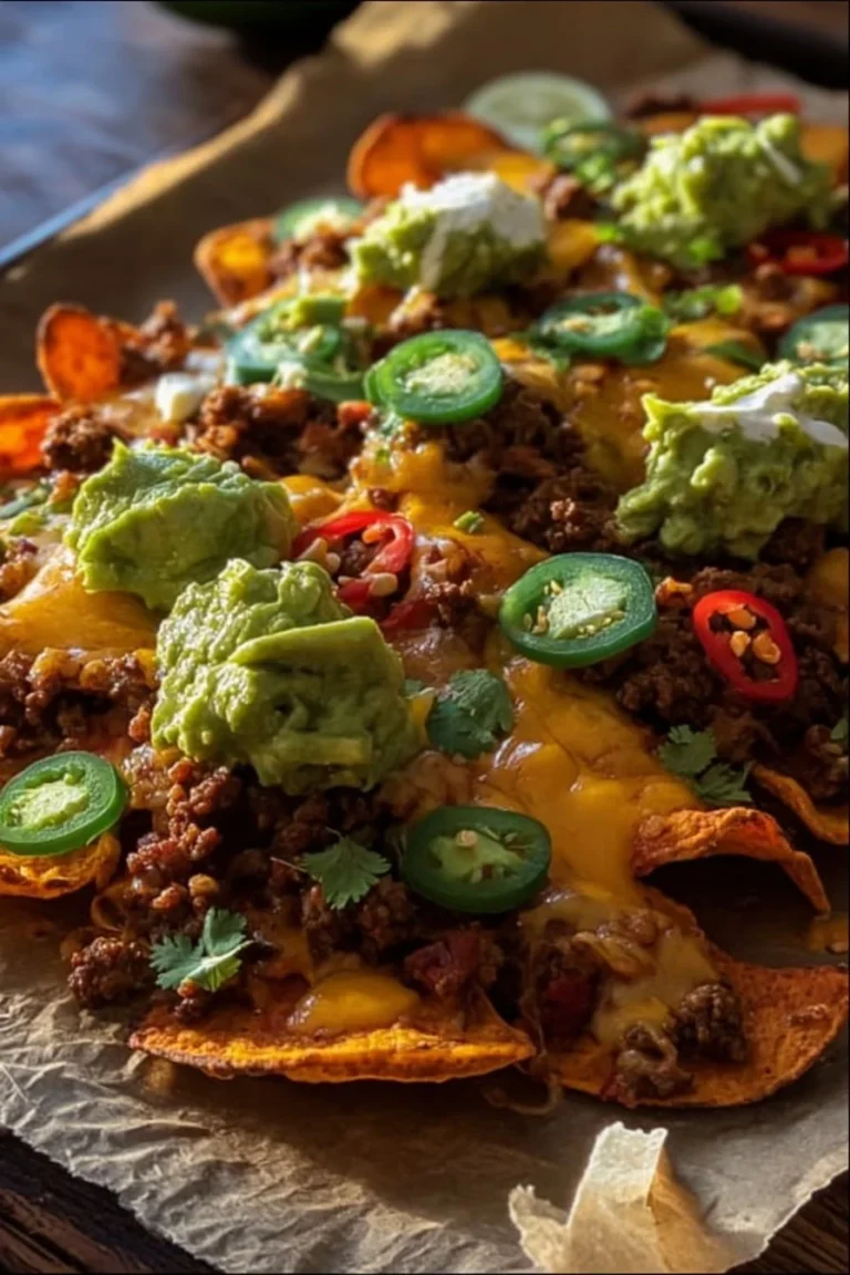 Plate of colorful sweet potato nachos topped with guacamole and salsa