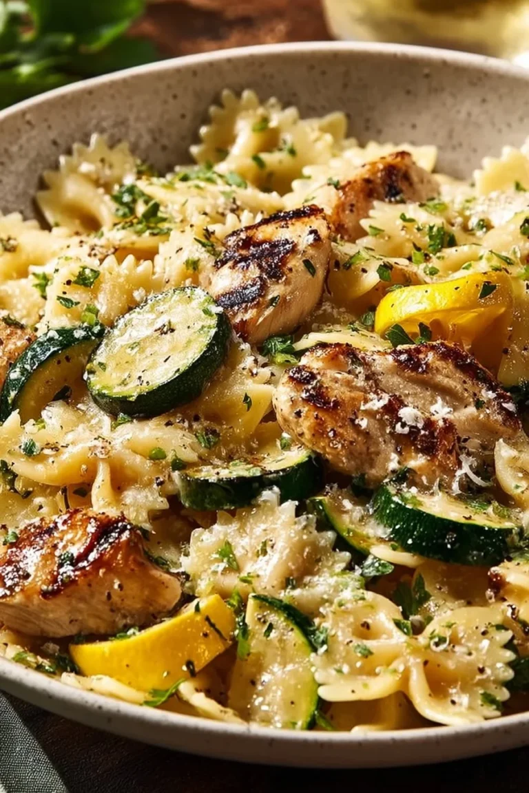 A plate of delicious lemon chicken pasta garnished with herbs and lemon slices