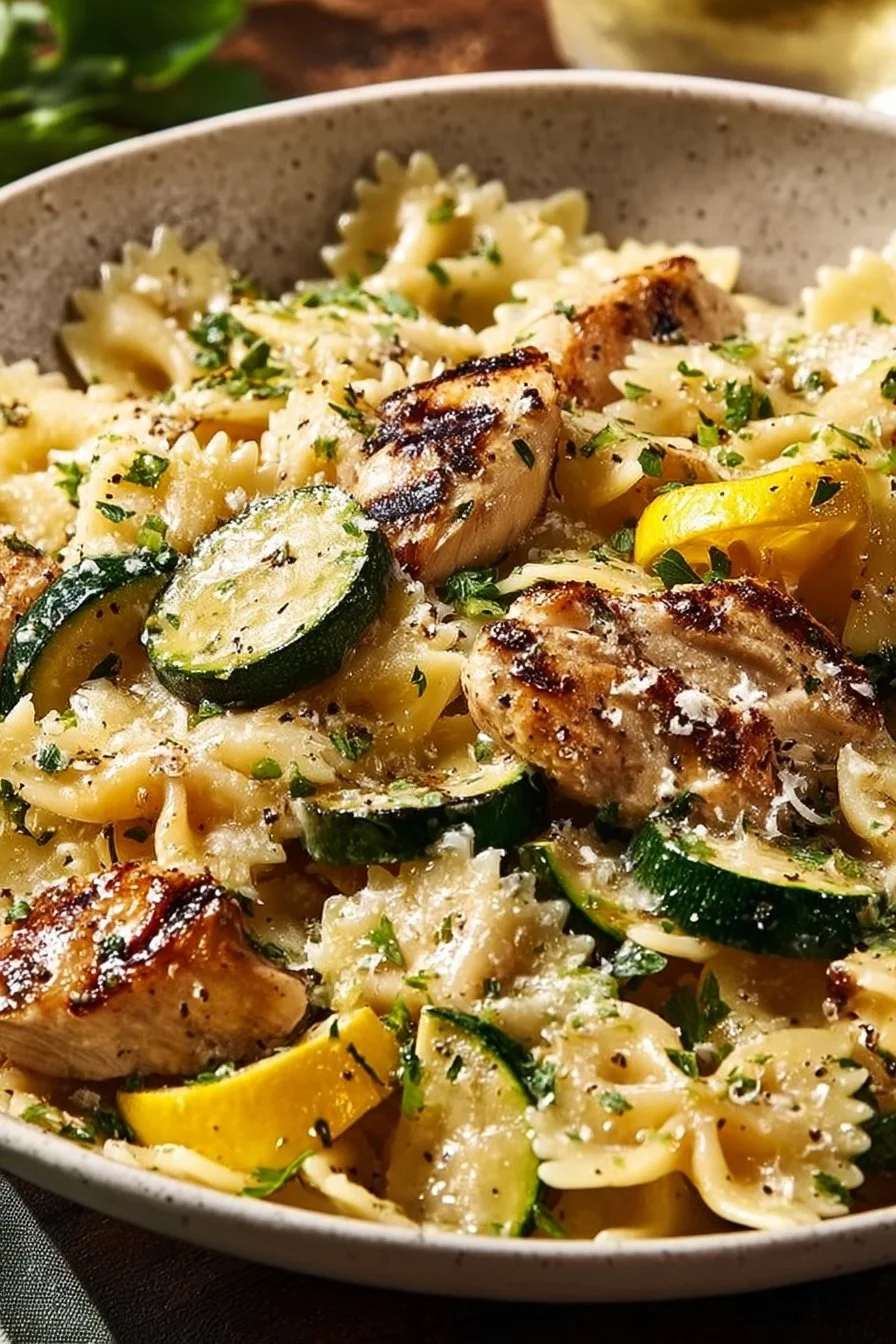 A plate of delicious lemon chicken pasta garnished with herbs and lemon slices