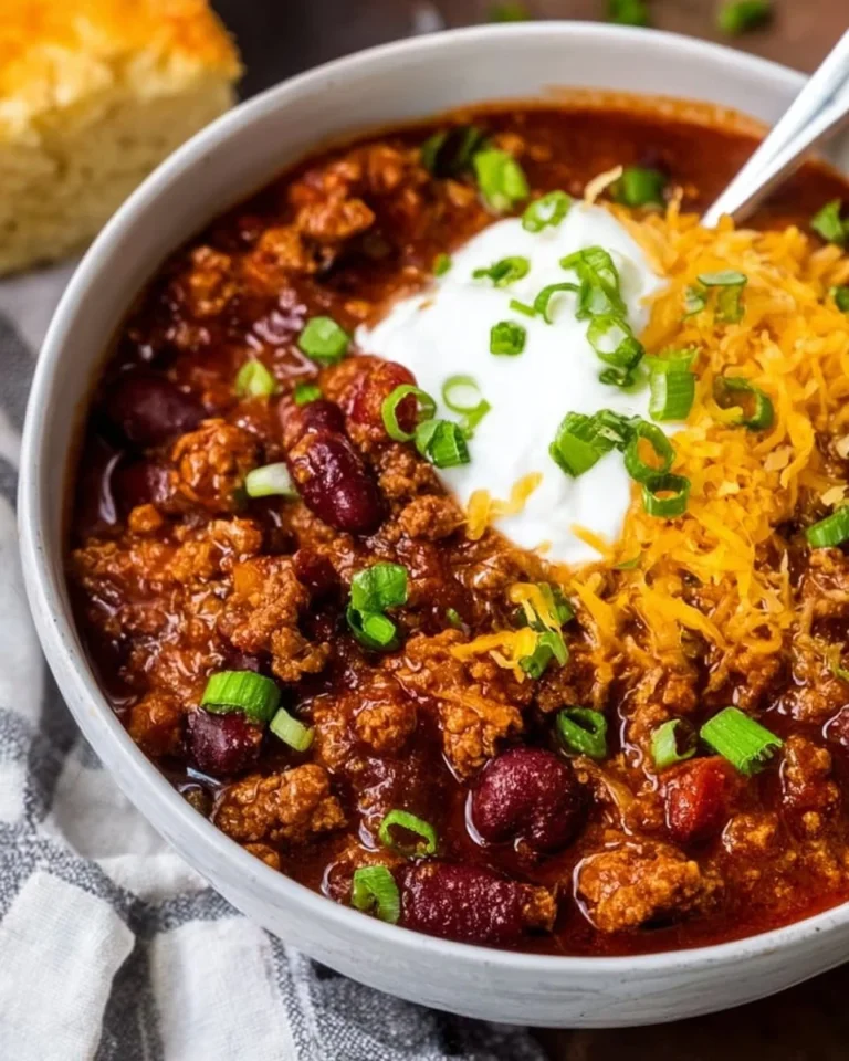 Delicious bowl of beef chili topped with fresh herbs and spices