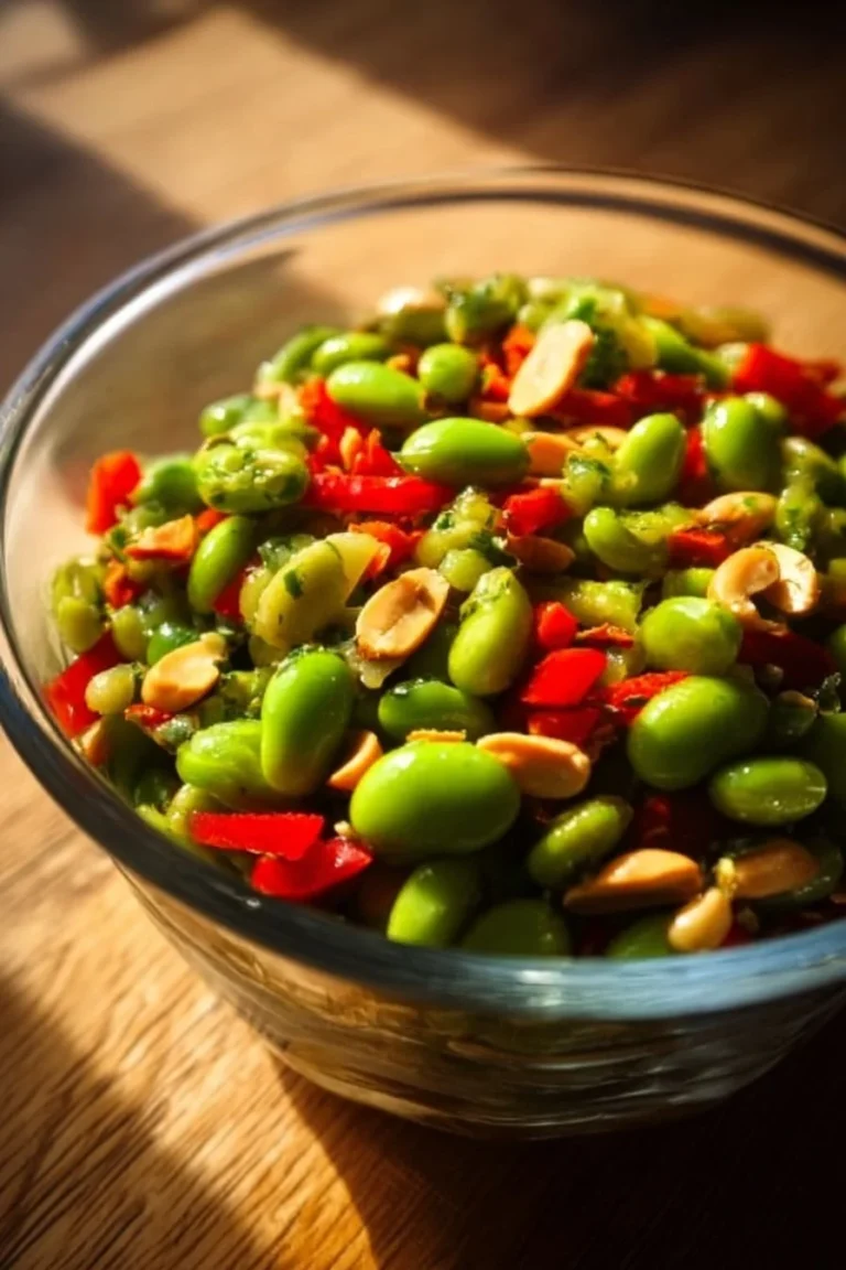 10-minute edamame peanut salad with fresh vegetables and dressing