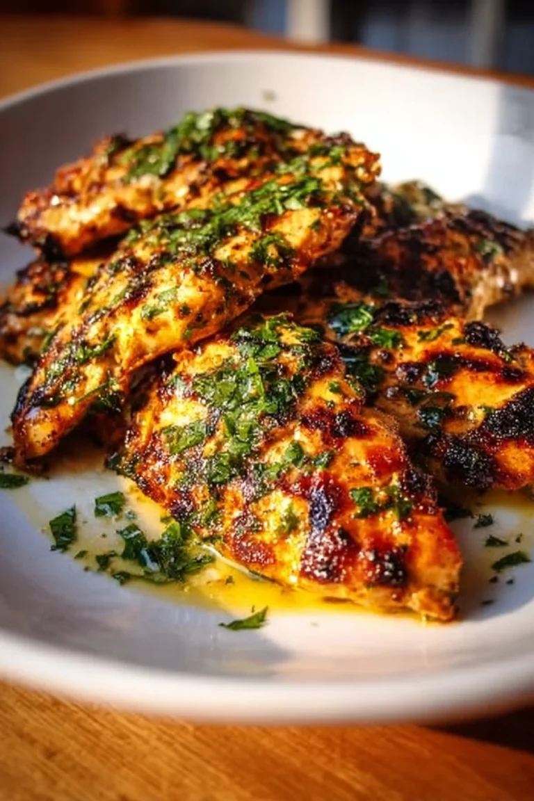 Juicy grilled chicken drizzled with savory garlic sauce on a plate