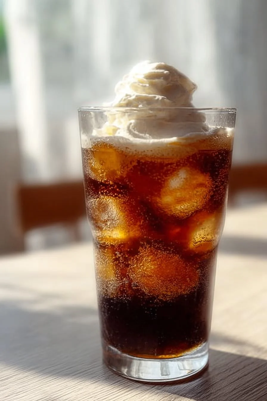 A glass of fluffy cola drink with bubbles and ice, perfect for summer refreshment.