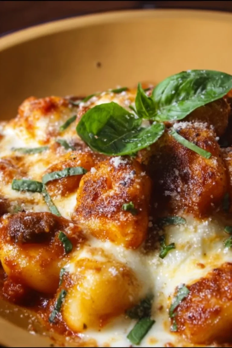 Delicious three cheese baked gnocchi in a cheese sauce