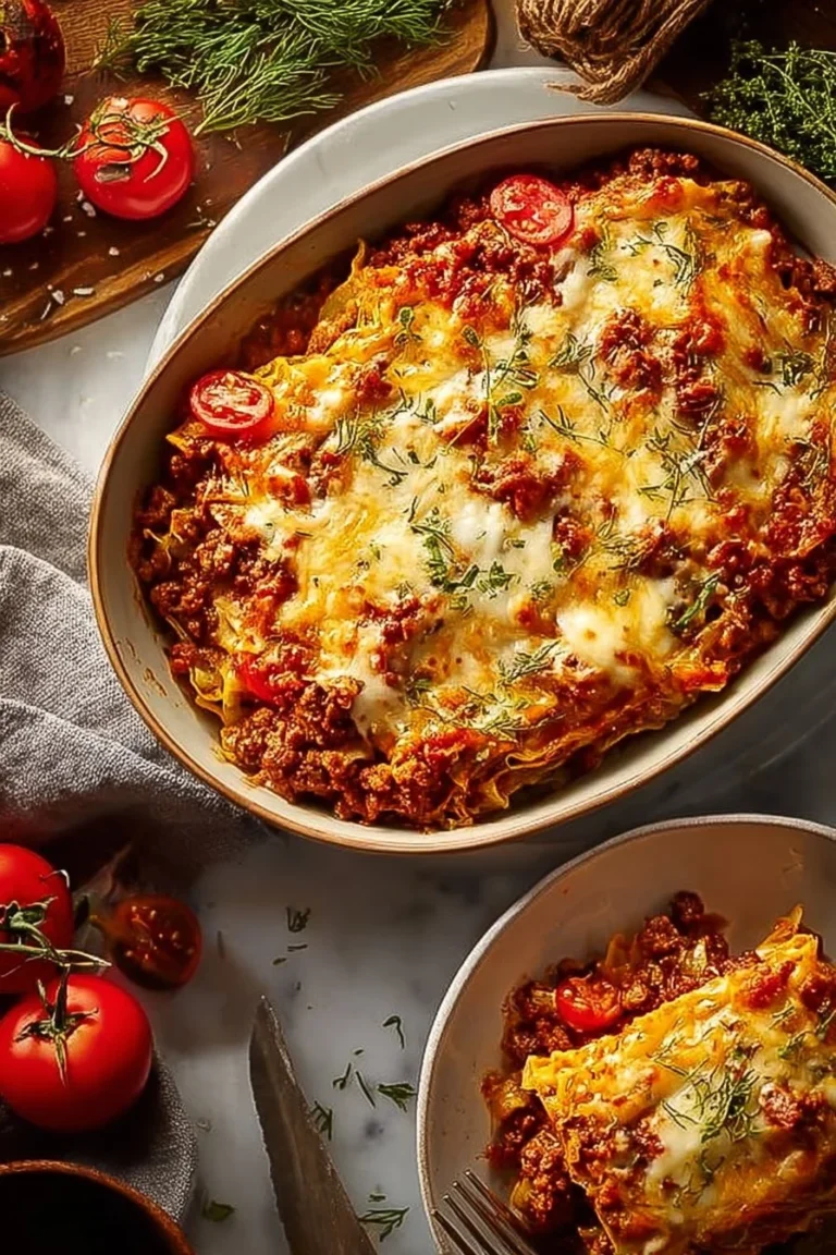 Delicious unstuffed ground beef cabbage roll casserole served in a baking dish.