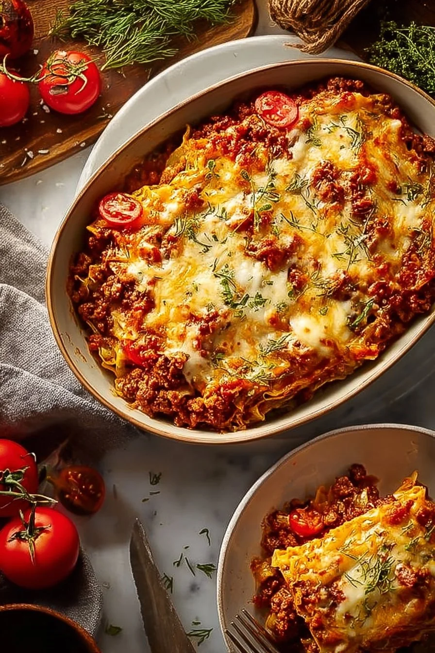 Delicious unstuffed ground beef cabbage roll casserole served in a baking dish.