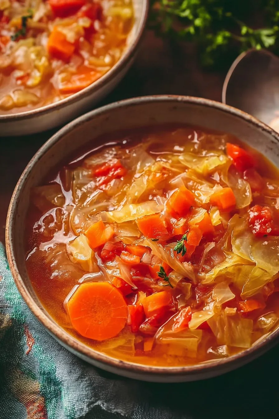 Bowl of warming weight loss cabbage soup with fresh vegetables and herbs