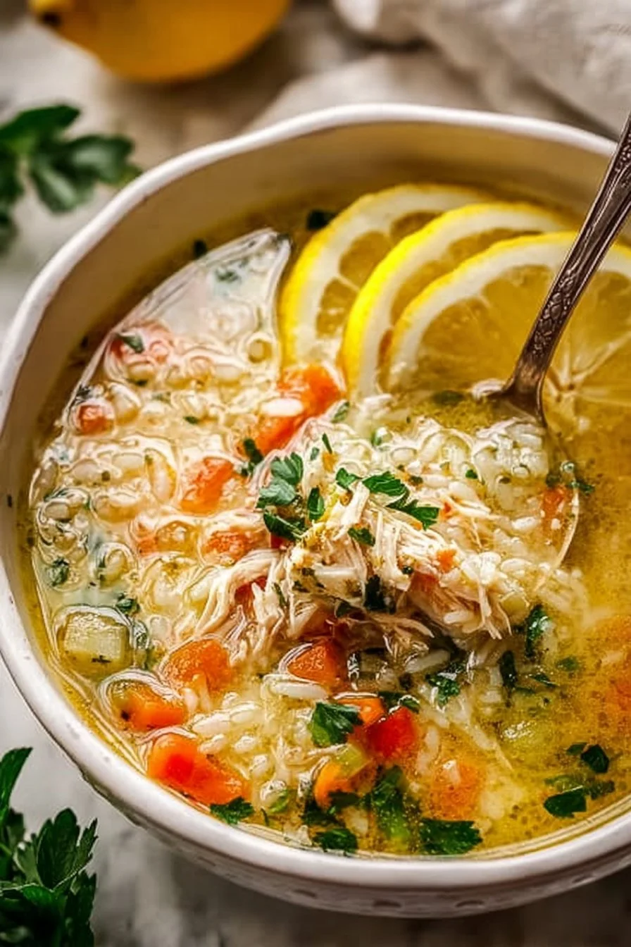 Bowl of wholesome chicken and rice soup with vegetables and herbs