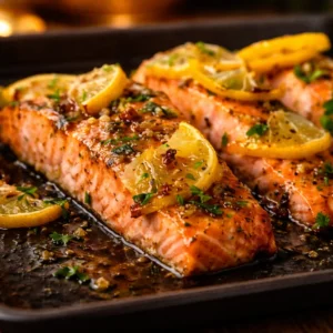 Delicious Honey Lime Garlic Butter Salmon served with fresh herbs and lime wedges.