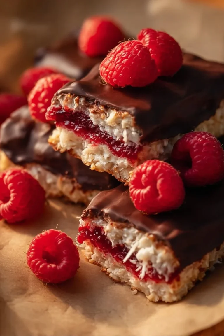 4-Ingredient Raspberry Coconut Bars with coconut flakes and fresh raspberries