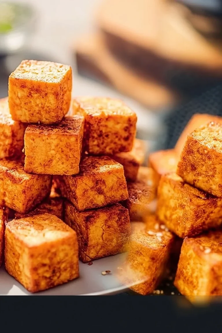 Crispy air fryer tofu served with vegetables on a plate
