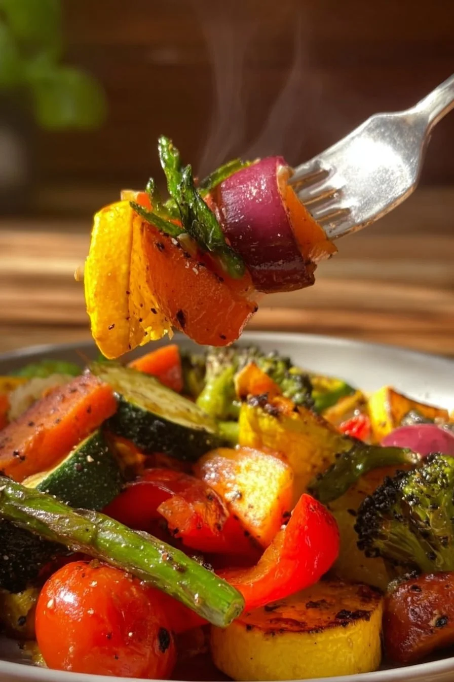 Colorful air fryer vegetables served in a bowl, crispy and healthy dish.