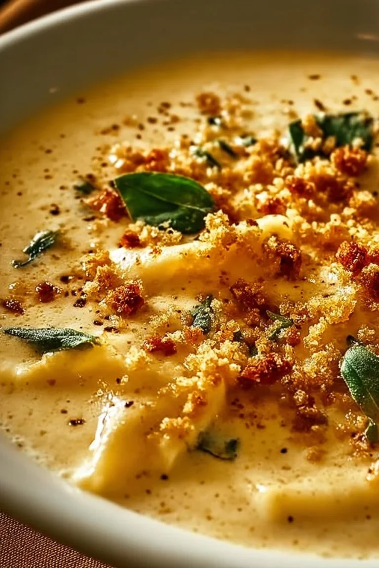 Creamy Alfredo Lasagna Soup served in a bowl with a sprinkle of herbs