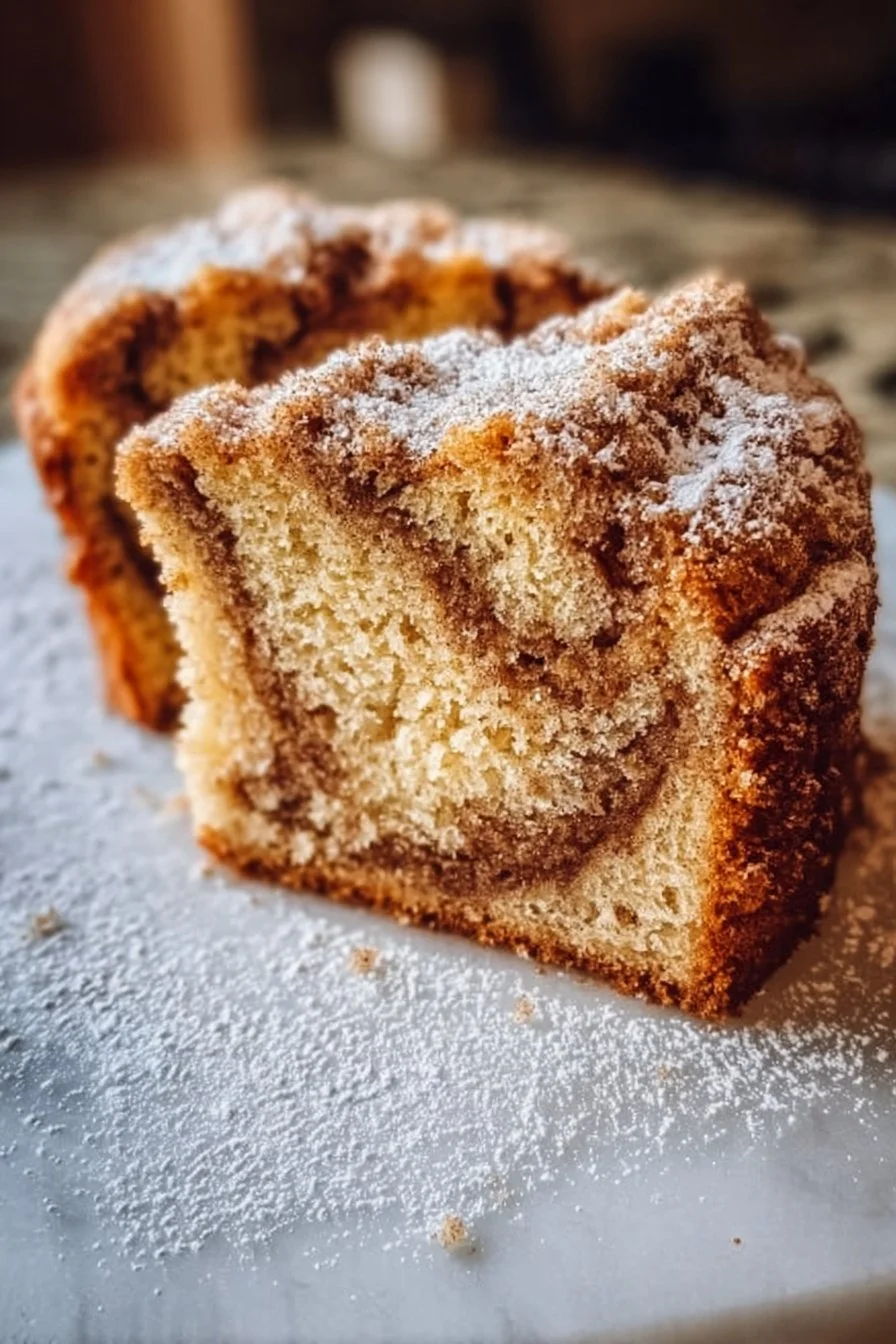 Delicious slice of Applesauce Cinnamon Cake topped with cinnamon