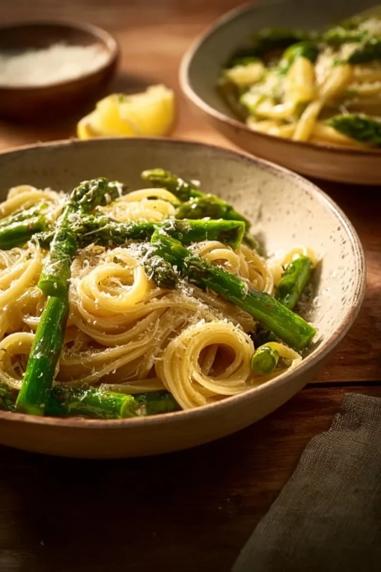 Plate of Asparagus Lemon Garlic Pasta with fresh herbs and lemon zest