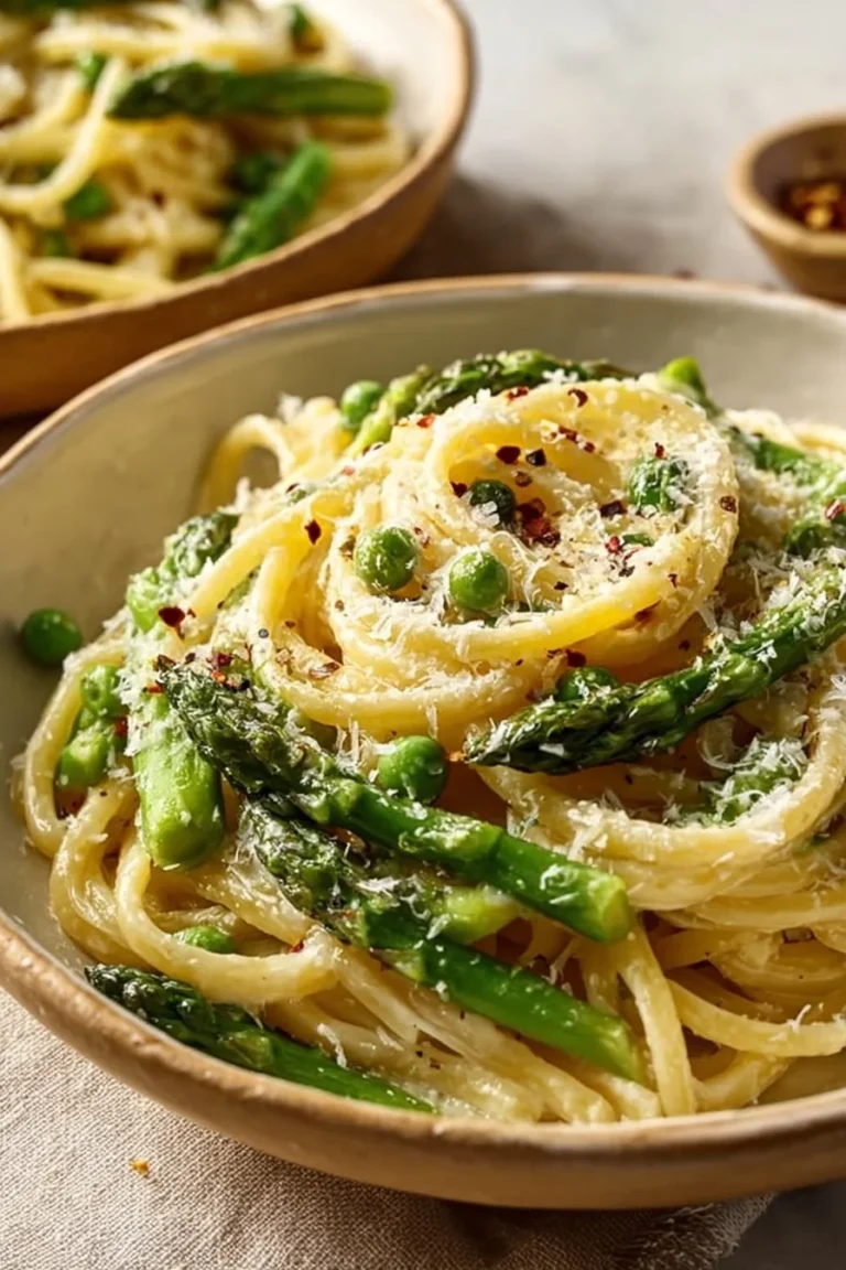 Plate of Asparagus Lemon Pasta with fresh herbs and lemon slices