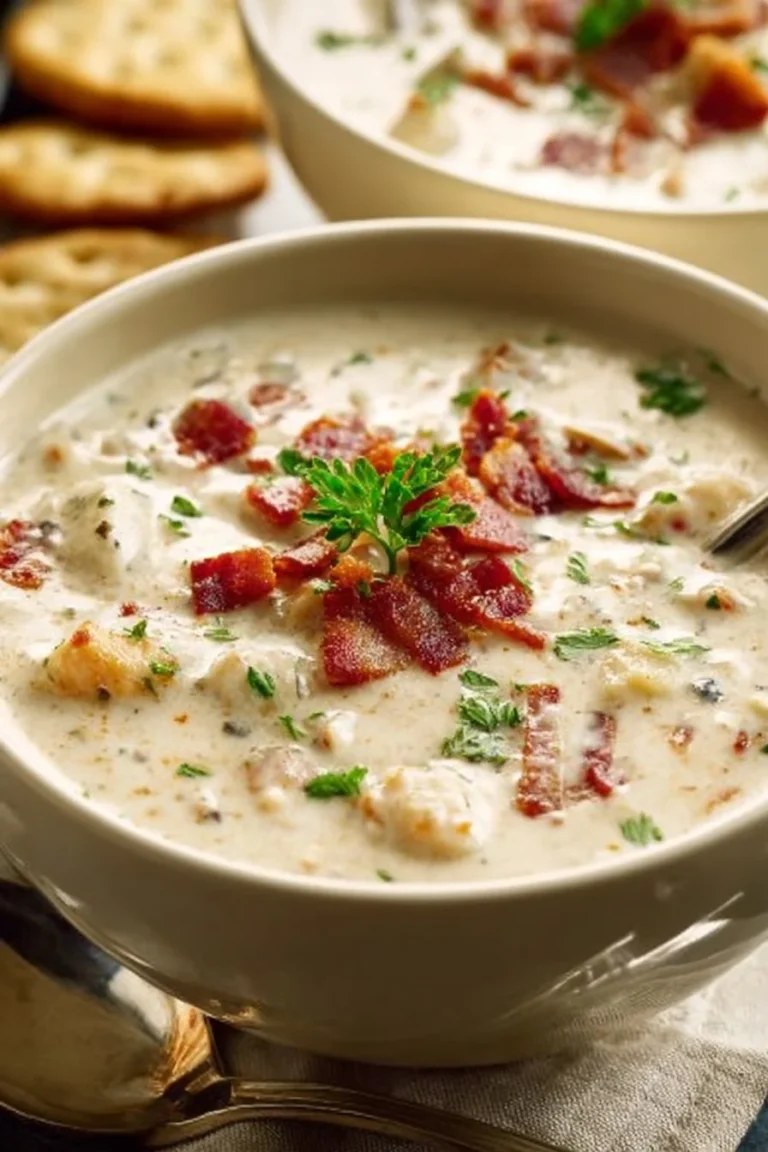 Bowl of authentic New England clam chowder with clams and herbs