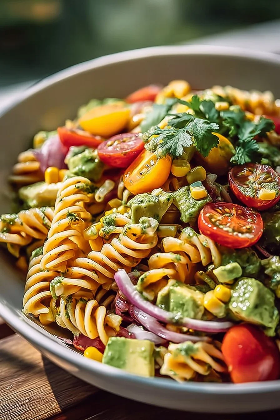 Bowl of Avocado Corn Pasta Salad with vibrant vegetables and pasta