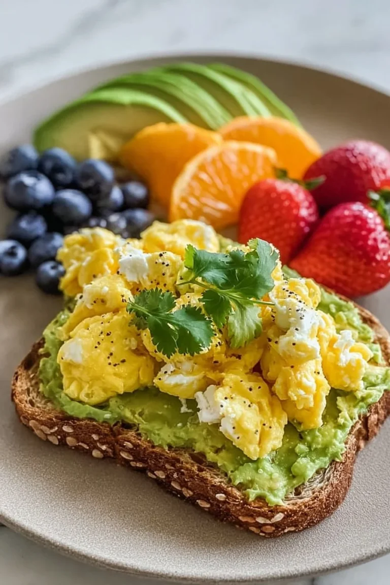 Avocado and Egg Toast with fresh fruit on the side, a healthy breakfast option.