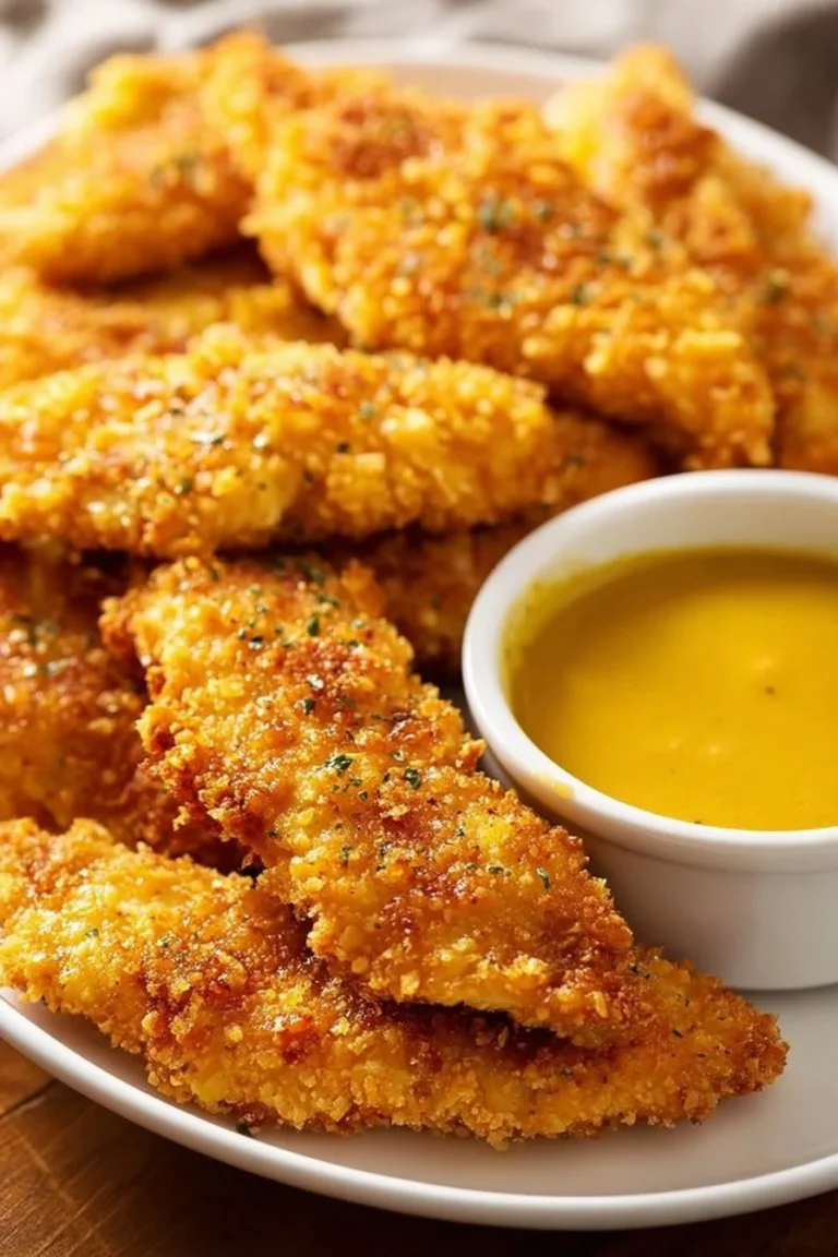 Delicious homemade baked chicken tenders served with dipping sauce.