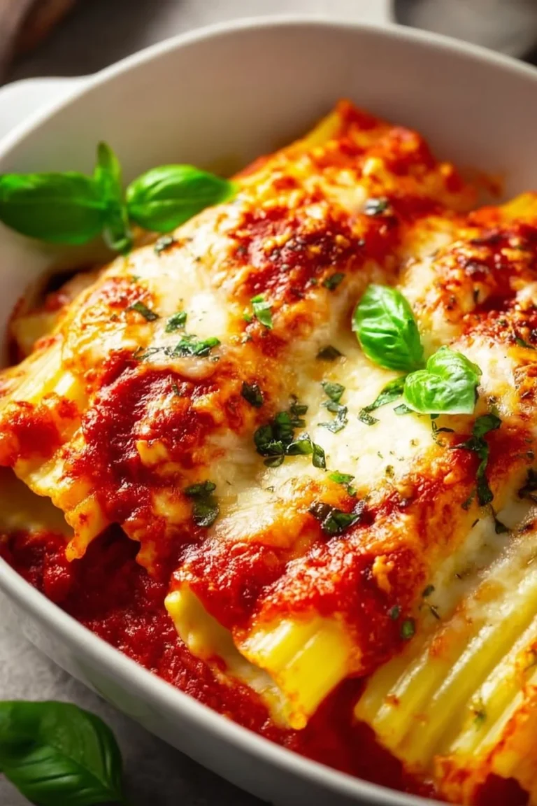 Homemade baked manicotti stuffed with ricotta and topped with marinara sauce