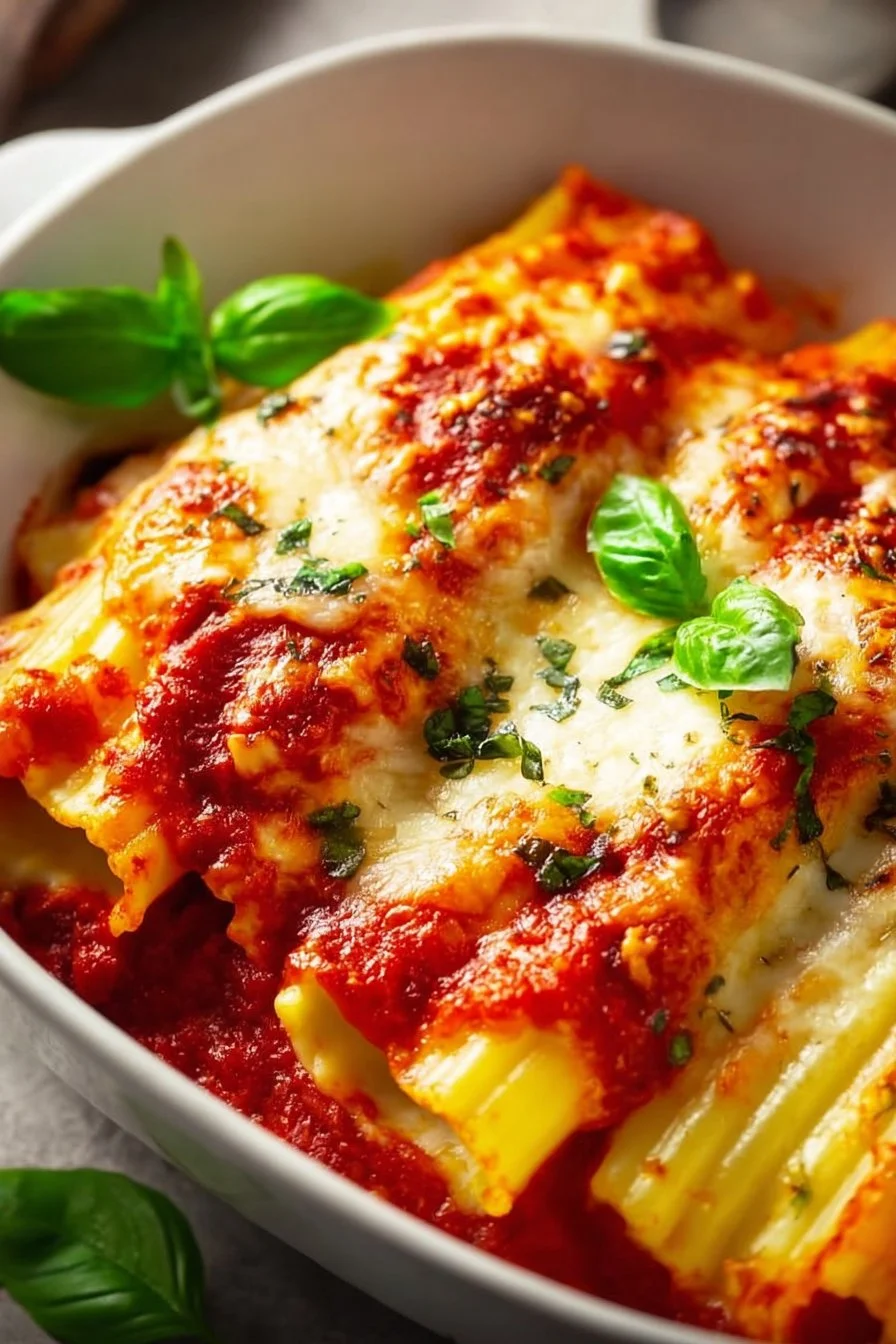 Homemade baked manicotti stuffed with ricotta and topped with marinara sauce