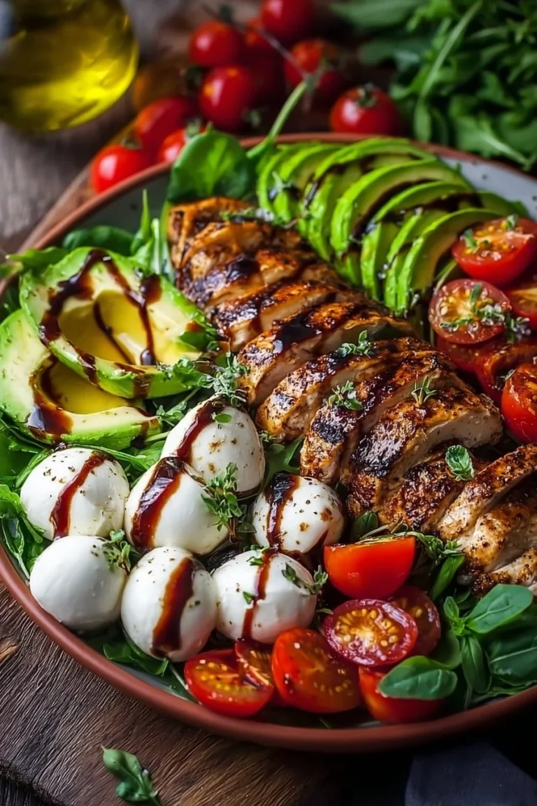 Baked marinated chicken salad with mozzarella and balsamic vinaigrette served in a bowl.