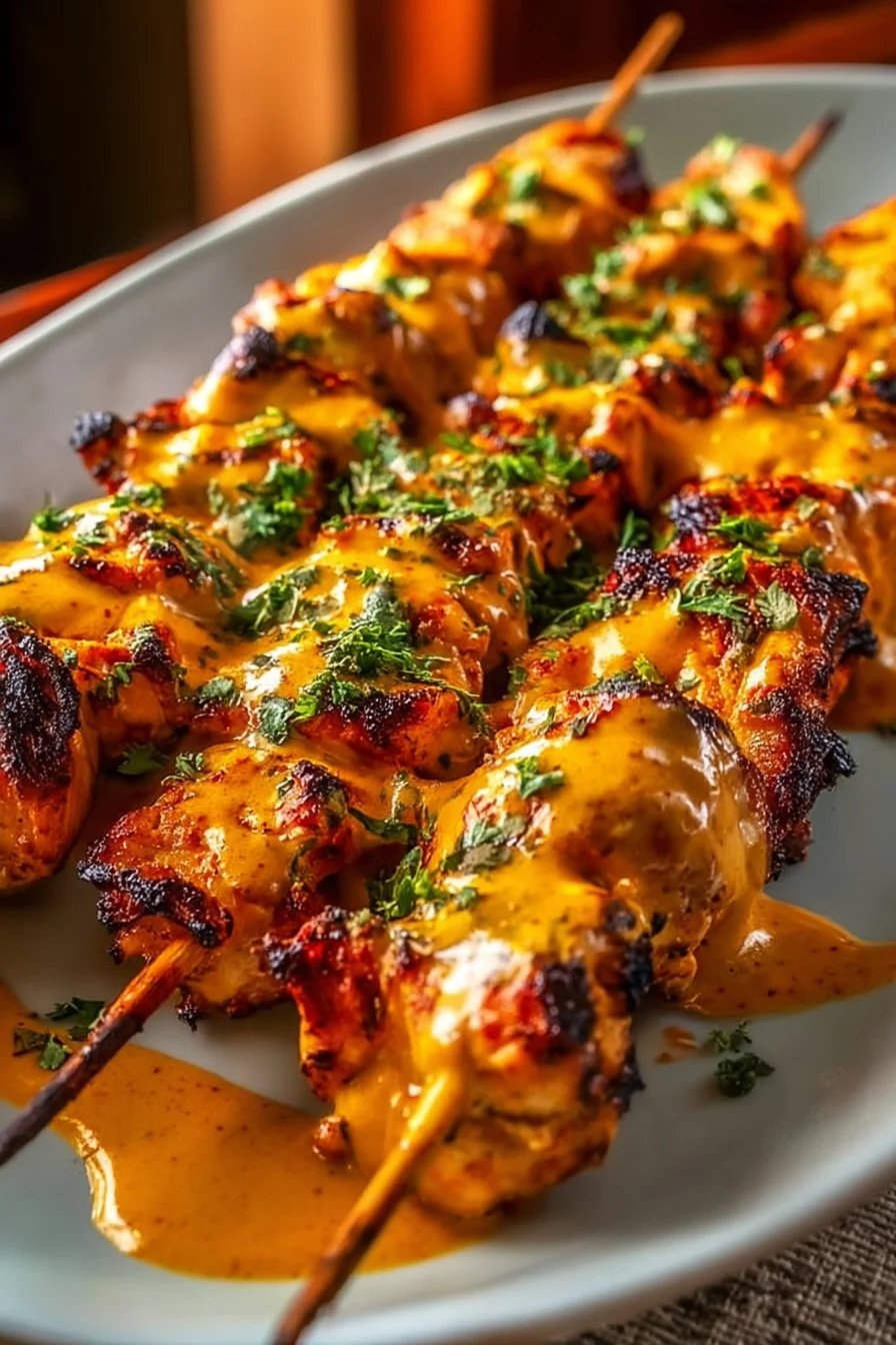Delicious Bang Bang Chicken Skewers garnished and ready to serve
