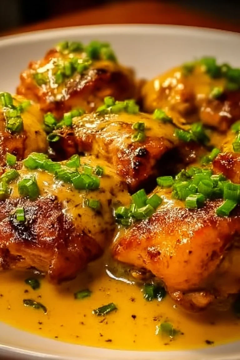Plate of flavorful Bang Bang Chicken Thighs garnished with herbs
