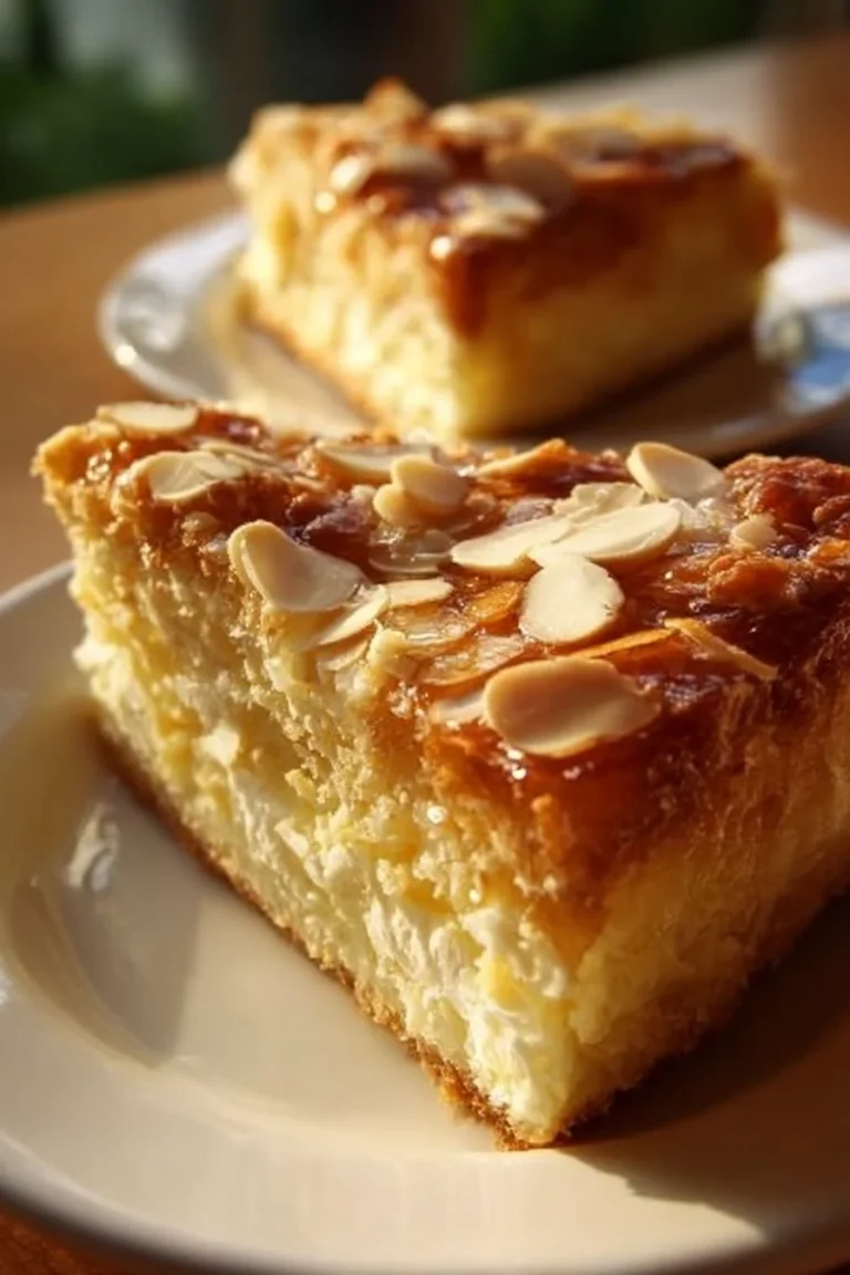 Delicious Bee Sting Cake topped with honey and almonds