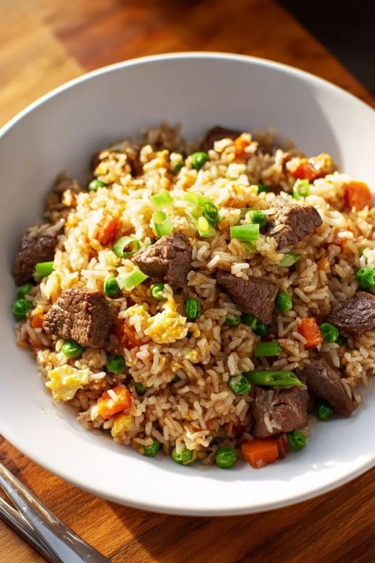 Delicious Beef Fried Rice served in a bowl with fresh vegetables and herbs.