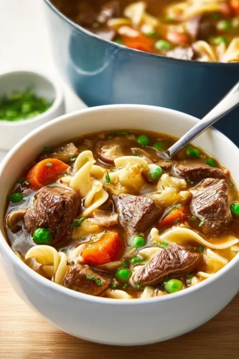 A steaming bowl of beef noodle soup with fresh herbs and vegetables
