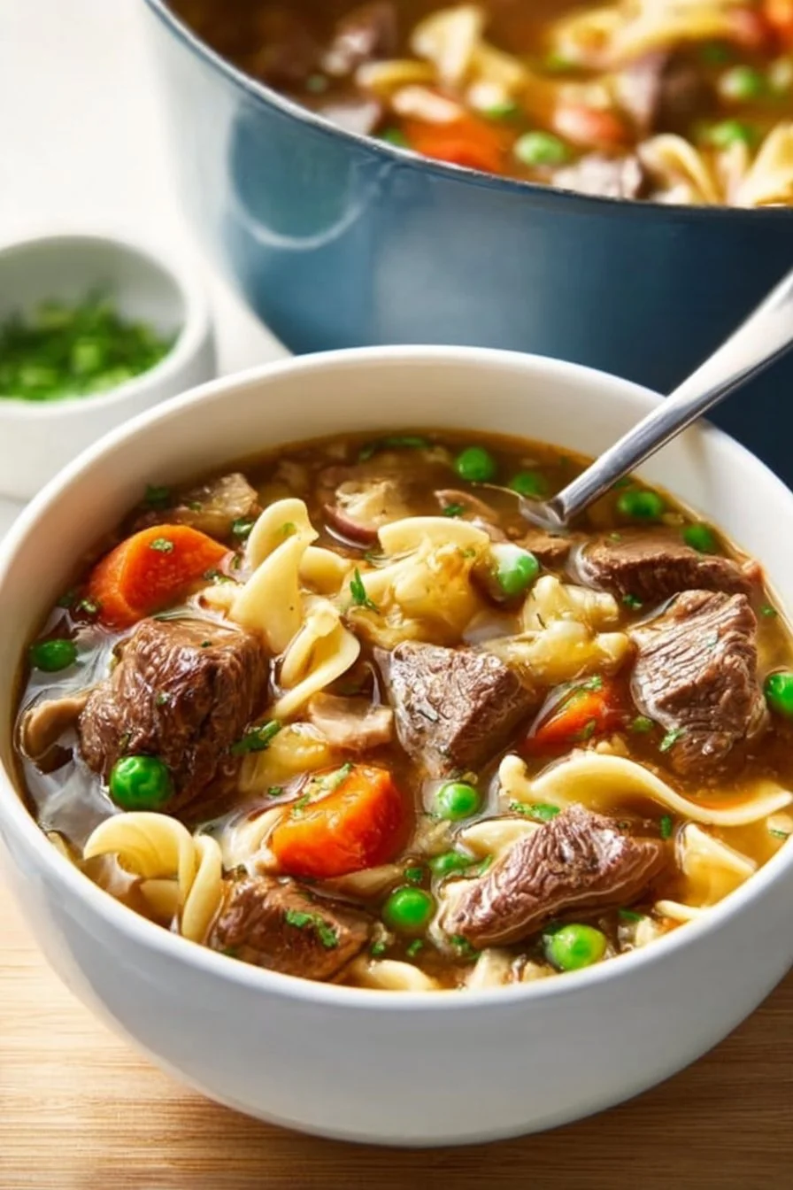 A steaming bowl of beef noodle soup with fresh herbs and vegetables
