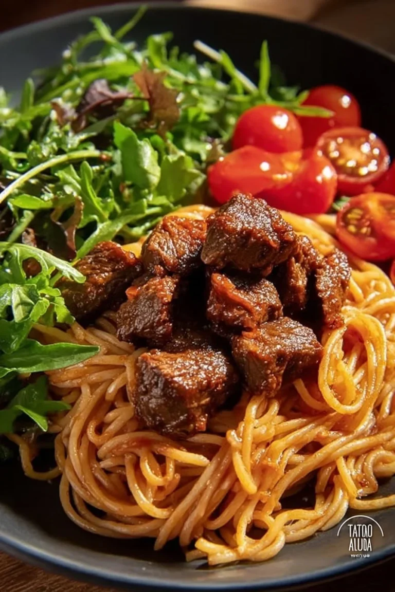 Delicious plate of beef spaghetti paired with a fresh garden salad