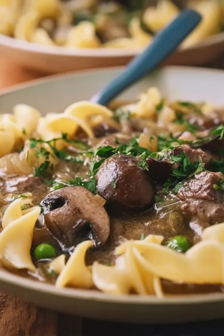 Delicious Beef Stroganoff Soup in a bowl with fresh herbs garnish.