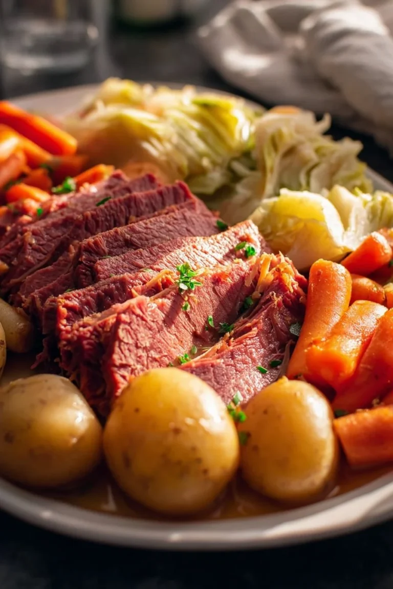 Plate of best corned beef and cabbage with vegetables