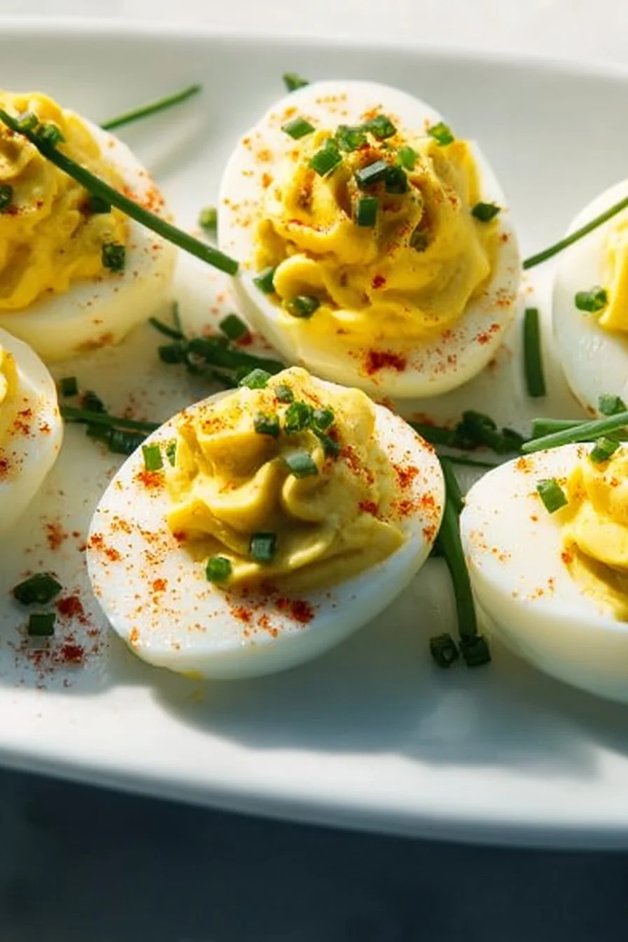 Delicious and beautifully presented best deviled eggs on a serving platter.