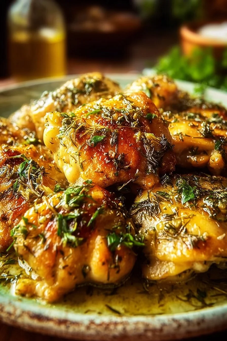 Delicious Greek yogurt chicken garnished with herbs, served on a plate.