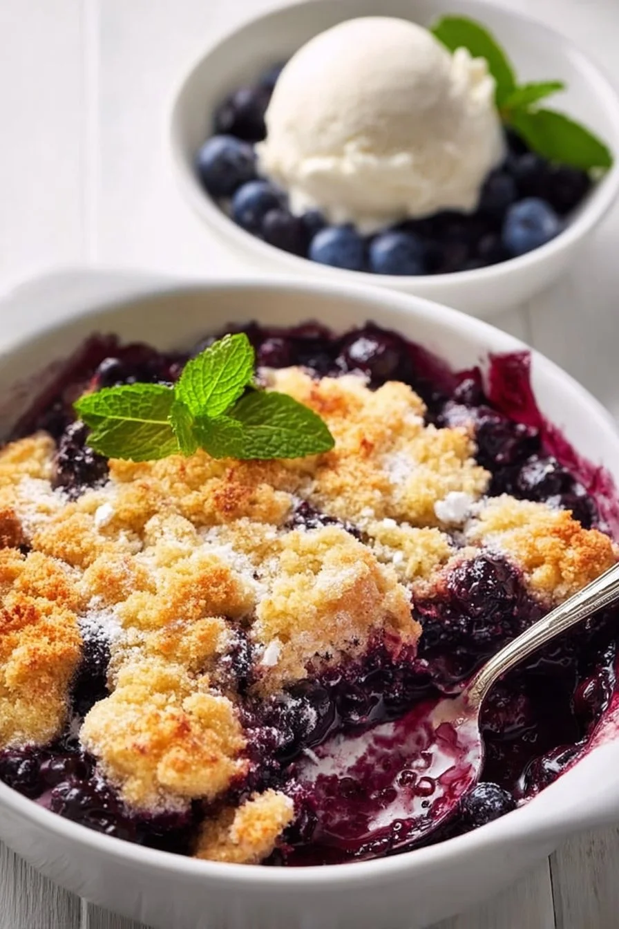 Freshly baked blueberry cobbler with a golden crust and plump blueberries