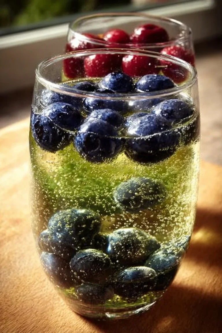 A cup of blueberry green tea with fresh blueberries and green tea leaves