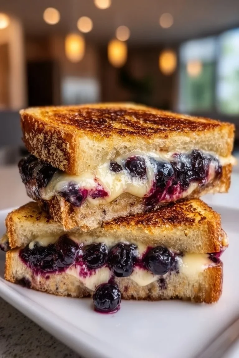 Delicious blueberry grilled cheese sandwich with melted cheese and fresh blueberries