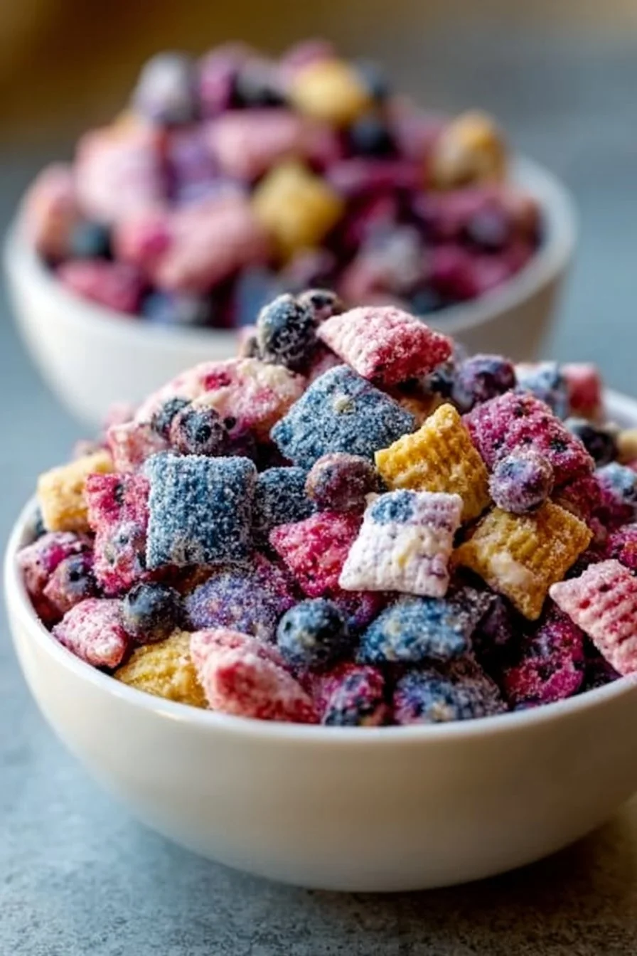 Blueberry lemon cheesecake puppy chow in a bowl with fresh blueberries and lemons