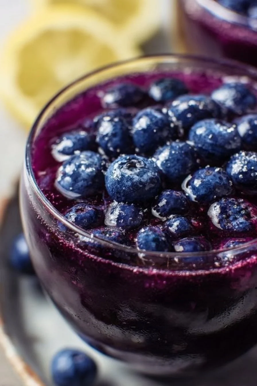Homemade blueberry lemonade concentrate in a glass with fresh blueberries and lemons