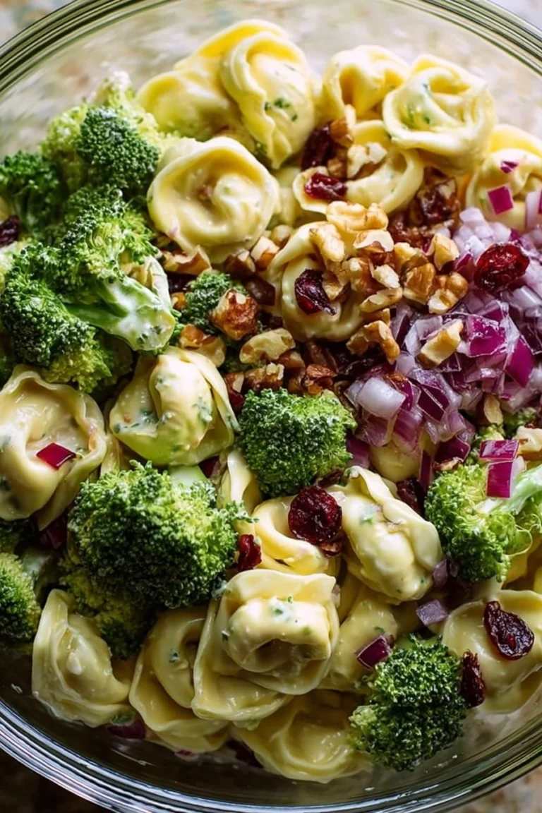 Broccoli Tortellini Pasta Salad served in a bowl with fresh ingredients