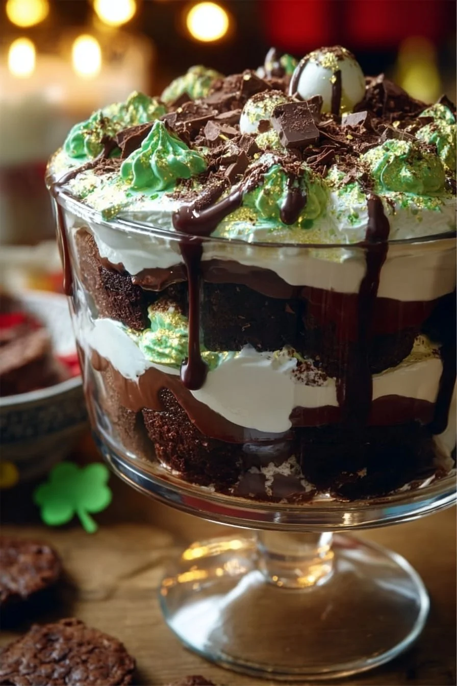 Delicious brownie trifle layered with chocolate and cream