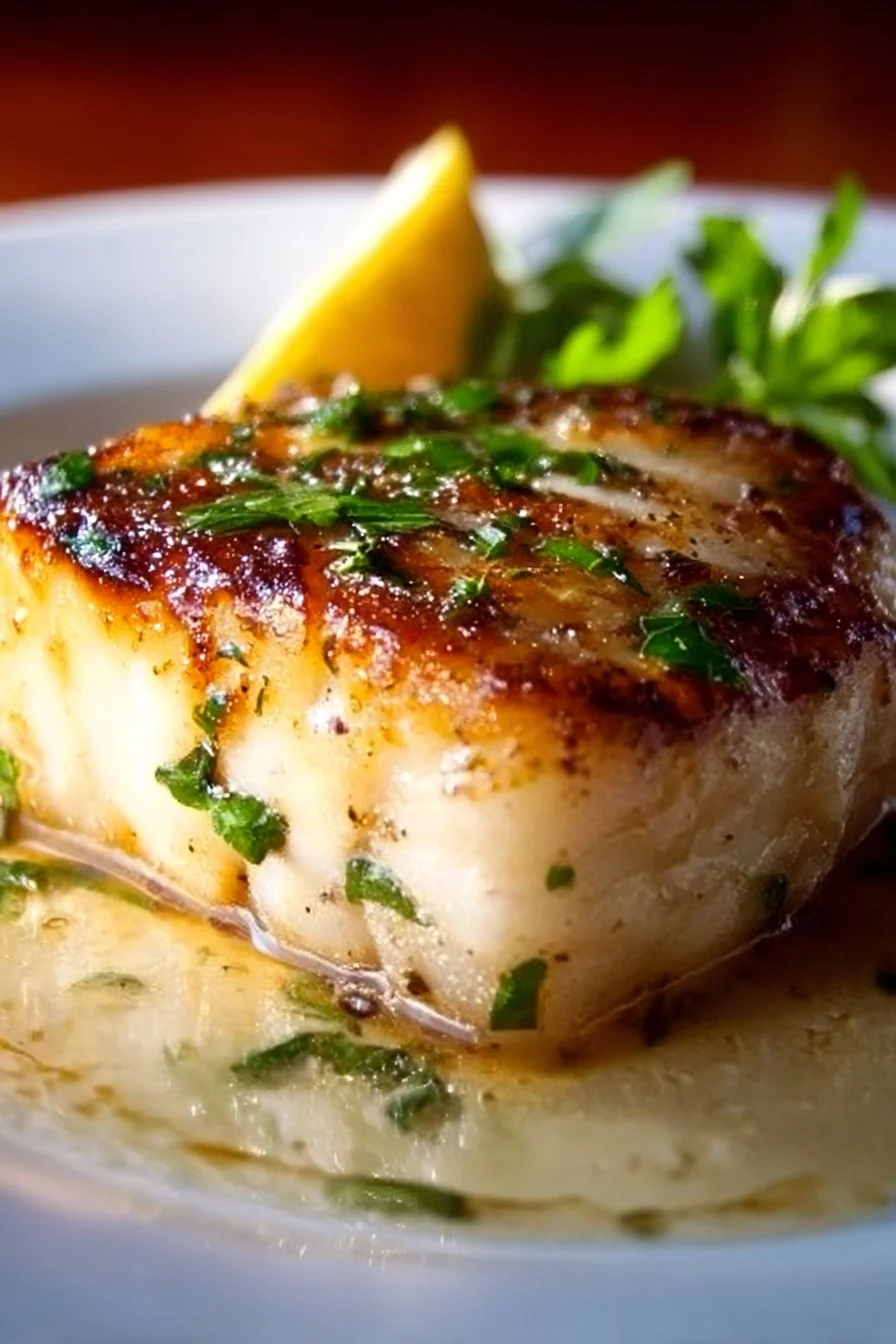 Buttery Ruth's Chris Chilean Sea Bass on a plate