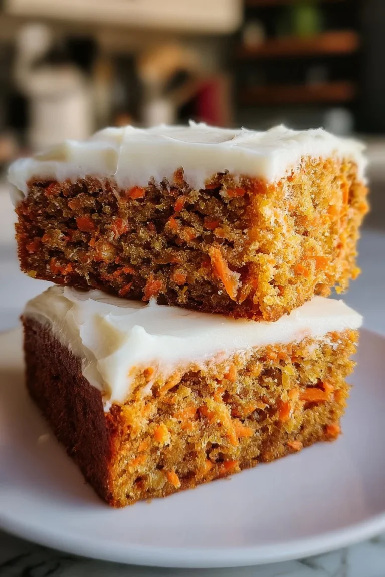 Delicious Carrot Cake Cream Cheese Bars topped with creamy frosting.