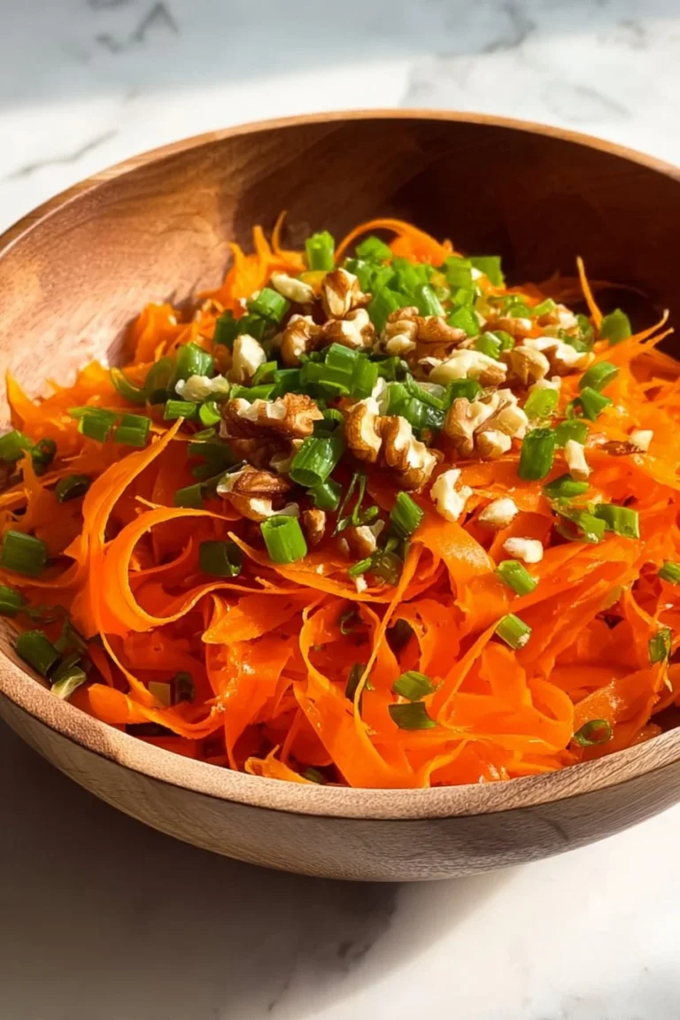 Fresh carrot salad with herbs and dressing served in a bowl